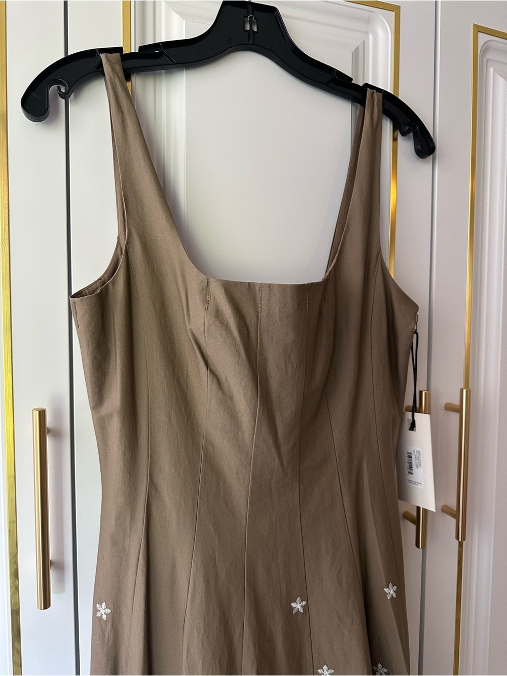 STAUD Taupe Midi Dress with White Floral Embroidery - Picture 5 of 10